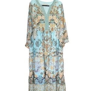 SALE Soft Surroundings Aqua and Gold Floral Maxi Dress